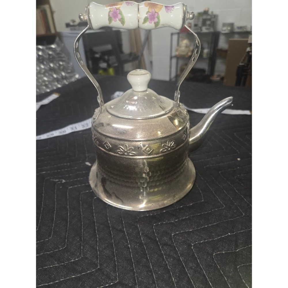 Vintage Floral Stamped Stainless Steel Tea Kettle Floral Ceramic Handle Korea - Picture 2 of 9